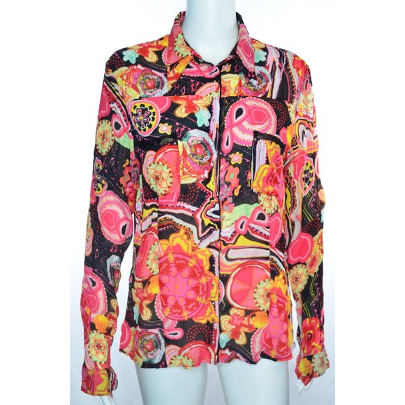 Le Caviar Y2K Music Notes Hearts Geo Print Studs Button Front Crinkle Shirt Sz L - Picture 1 of 9